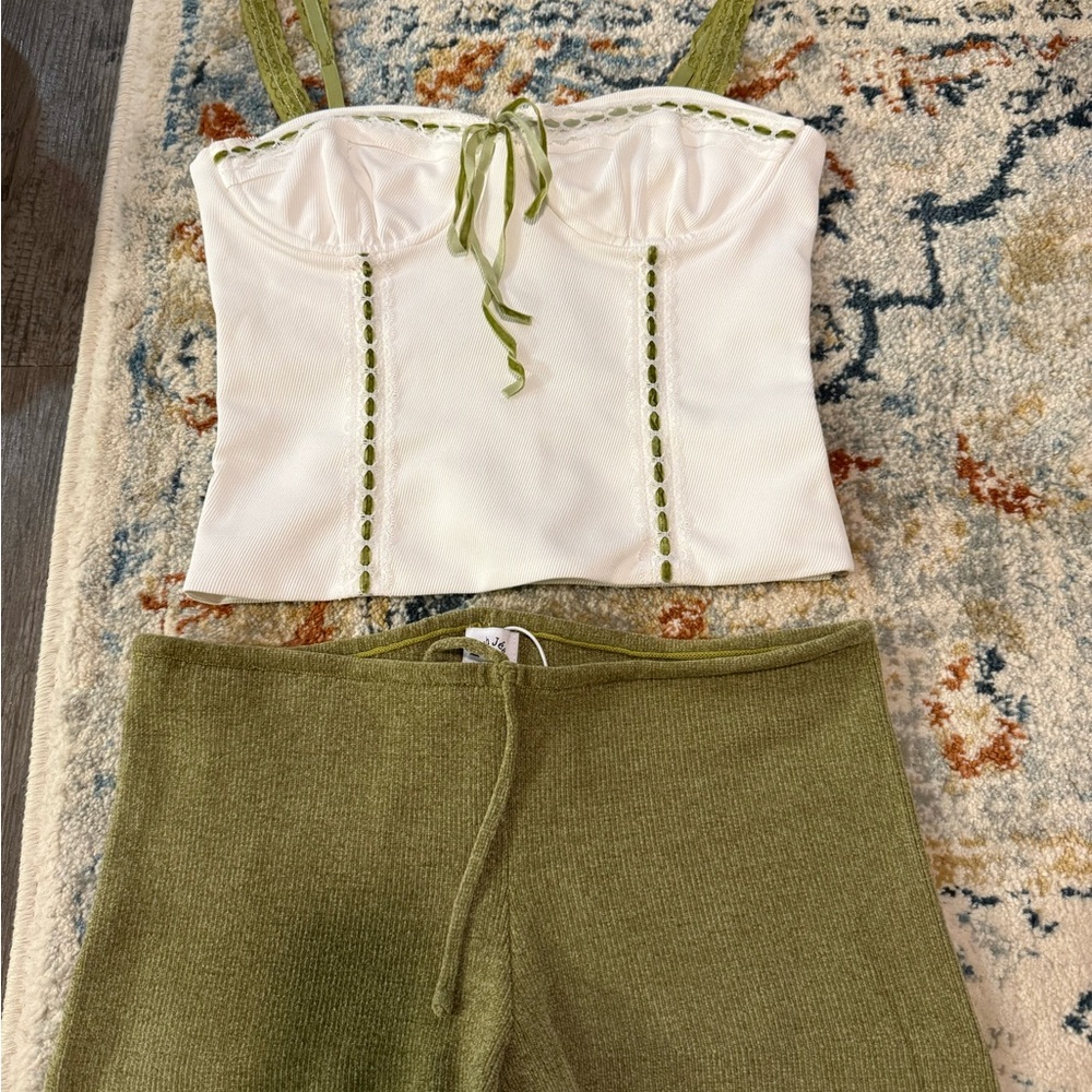 With Jean White and Green Crop Top and Shorts Set